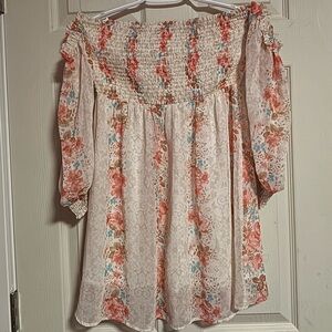 En Creme Floral Off-Shoulder Blouse in Pink and Cream